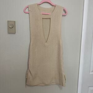 Uniq Ivory Cable Knit Sleeveless Low V Neck Acrylic Side Lace Up Sweater M/L